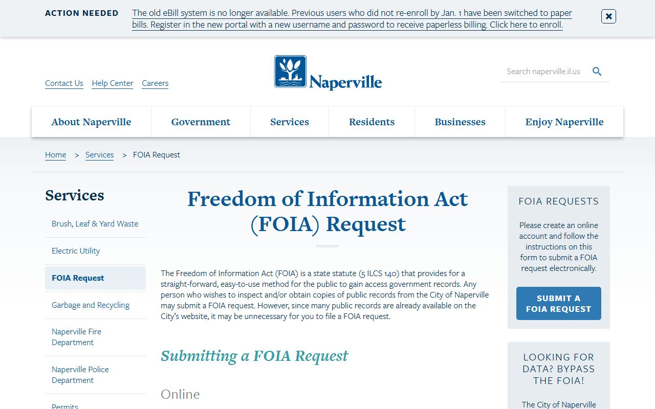 Naperville FOIA request page for residents directory records
