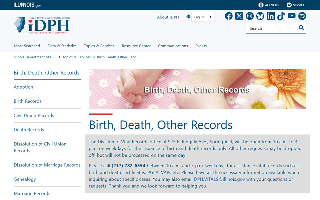 Illinois IDPH vital records residents directory search page