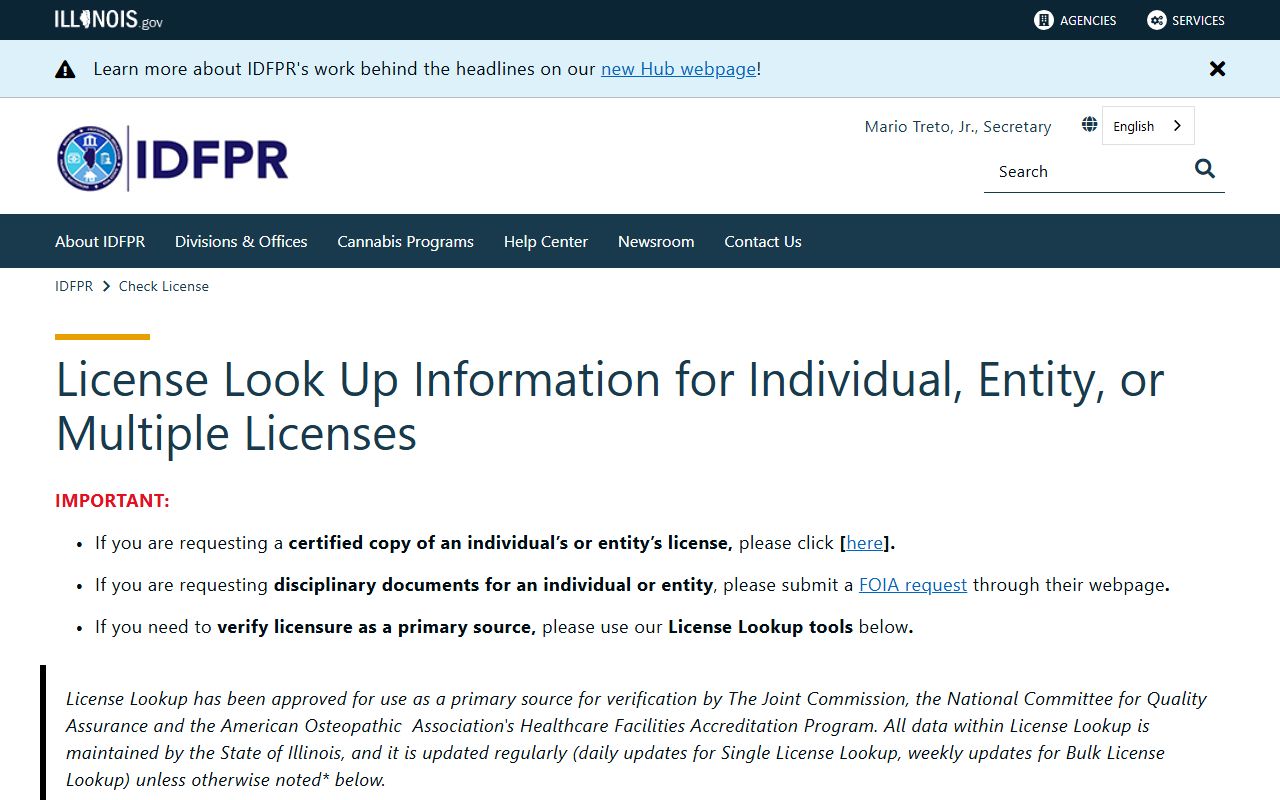 Illinois IDFPR license lookup residents directory verification tool